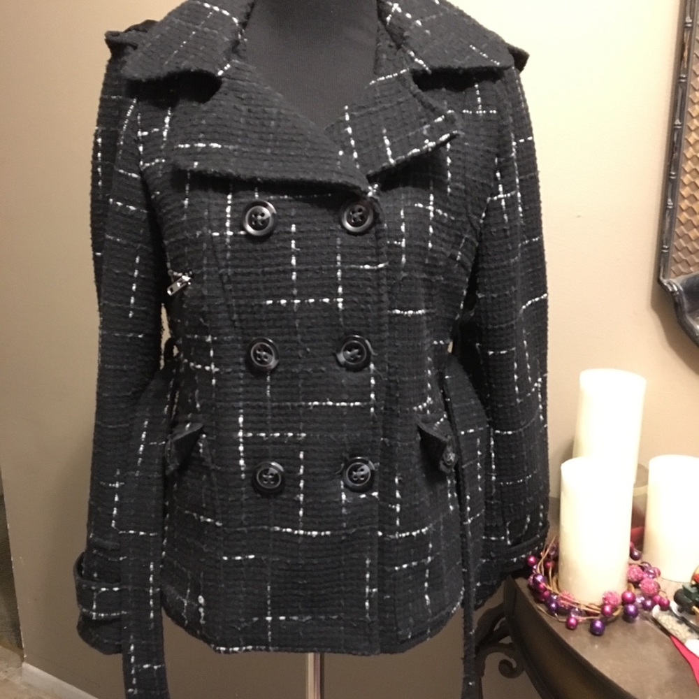 SPRING HOODED PEACOAT BLACK WHITE DOUBLE BREASTED